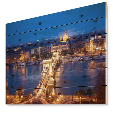 Illuminated Cain Bridge Budapest - Cityscape Print on Natural Pine Wood