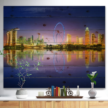 Singapore Skyline and Blue Sky - Cityscape Print on Natural Pine Wood