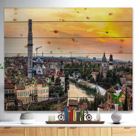 Verona at Sunset in Italy - Cityscape Print on Natural Pine Wood