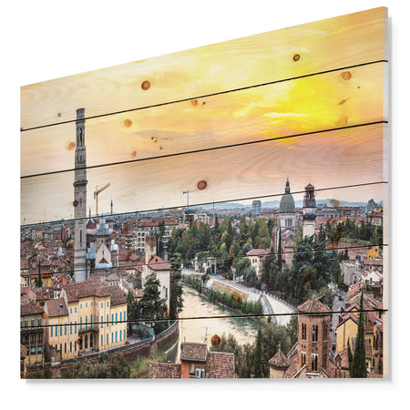 Verona at Sunset in Italy - Cityscape Print on Natural Pine Wood