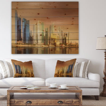 Singapore Skyline under Brown Sky - Cityscape Print on Natural Pine Wood