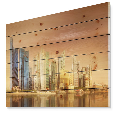 Singapore Skyline under Brown Sky - Cityscape Print on Natural Pine Wood