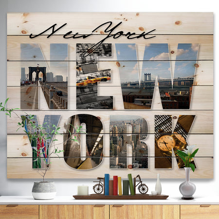 New York City Graphic Montage - Cityscape Print on Natural Pine Wood