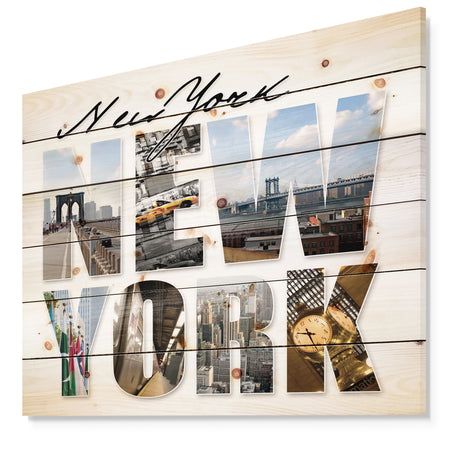 New York City Graphic Montage - Cityscape Print on Natural Pine Wood