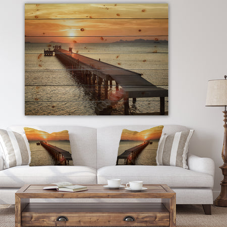 Boat Pier at Sunset - Bridge Print on Natural Pine Wood