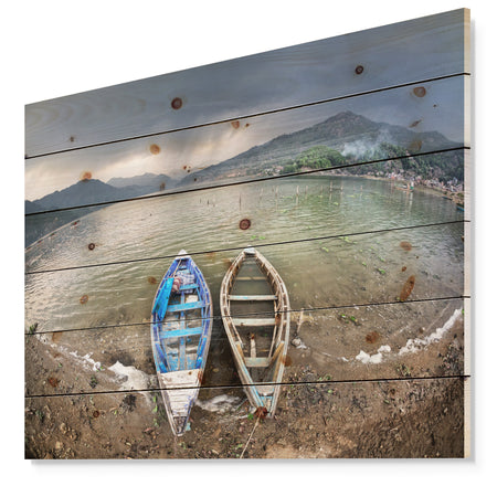 Two Boats near Pokhara Lake - Boat Print on Natural Pine Wood