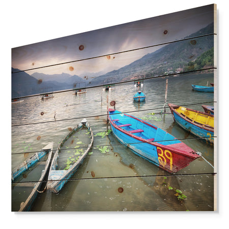 Boats near Pokhara Lake - Boat Print on Natural Pine Wood