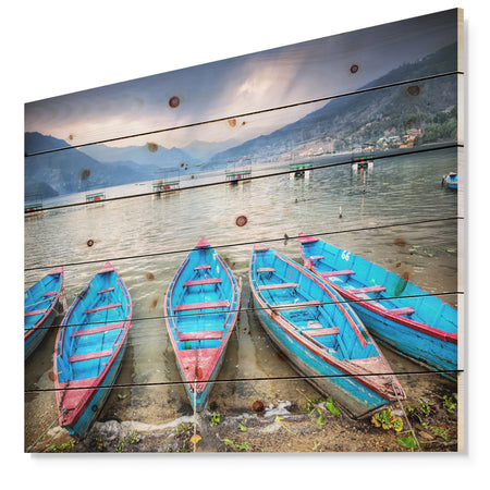 Row of Blue Boats in Pokhara Lake - Boat Print on Natural Pine Wood