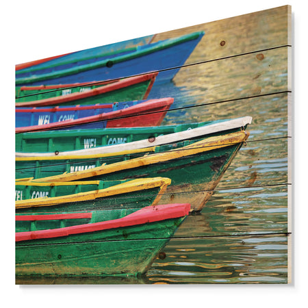 Color Boats on Phewa Lake Nepal - Boat Print on Natural Pine Wood
