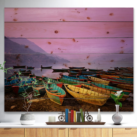 Boats under Twilight Sky in Phewa - Boat Print on Natural Pine Wood