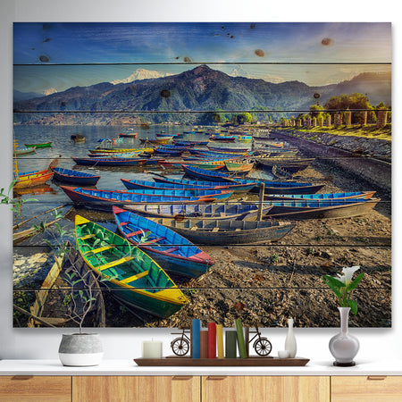 Colorful Boats in Pokhara Lake - Boat Print on Natural Pine Wood