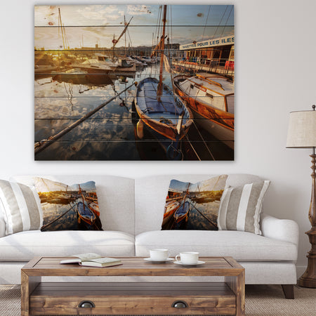 Yachts at Sea Port of Marseille - Boat Print on Natural Pine Wood