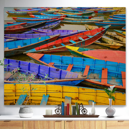 Old Colorful Sailboats in Lake - Boat Print on Natural Pine Wood