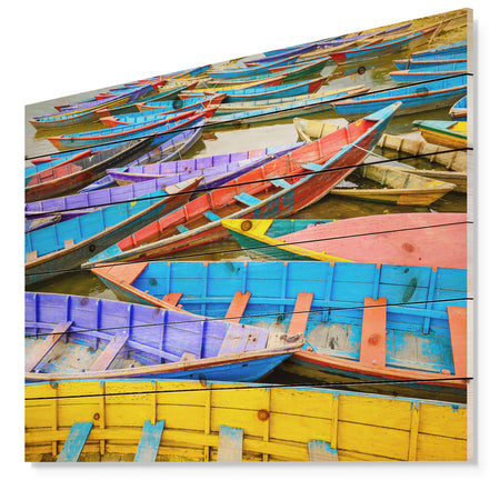Old Colorful Sailboats in Lake - Boat Print on Natural Pine Wood