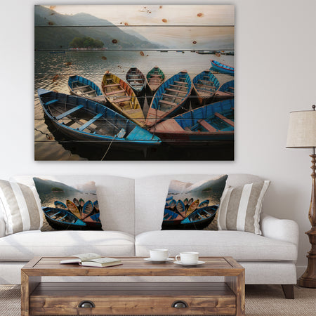Beautiful Boats in Phewa Lake - Boat Print on Natural Pine Wood