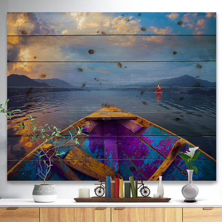 Boat in Himalaya Mountains Lake - Boat Print on Natural Pine Wood