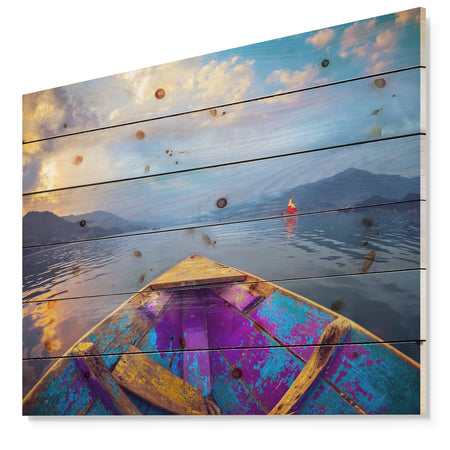 Boat in Himalaya Mountains Lake - Boat Print on Natural Pine Wood