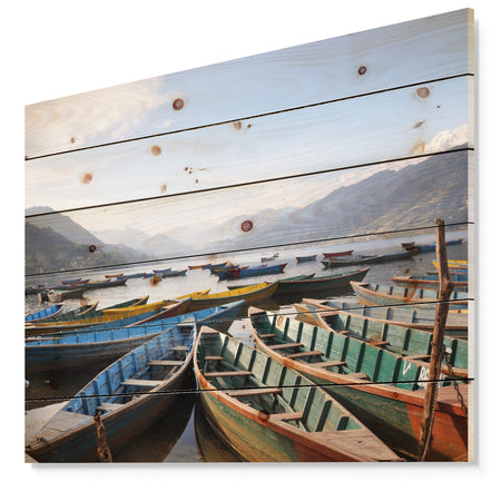 Colorful Boats Pokhara Lake - Boat Print on Natural Pine Wood