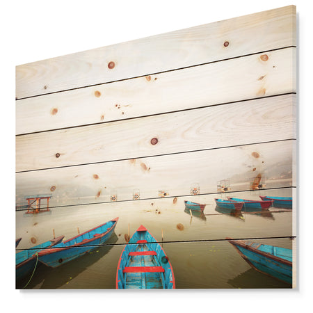 Moving Boats in Mountain Lake - Boat Print on Natural Pine Wood