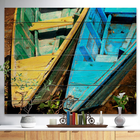 Wooden Boats on Lake Phewa - Boat Print on Natural Pine Wood