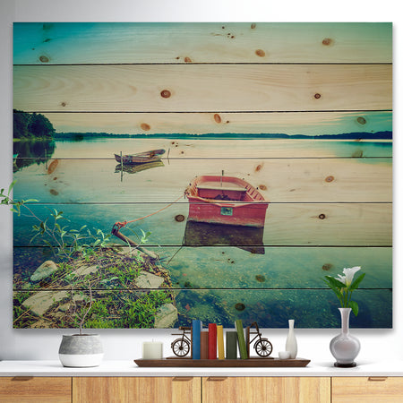 Beautiful Lake Vintage View - Boat Print on Natural Pine Wood