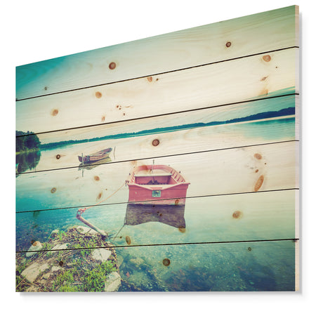 Beautiful Lake Vintage View - Boat Print on Natural Pine Wood