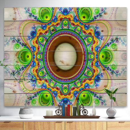 Green Fractal Circles and Waves - Abstract Print on Natural Pine Wood