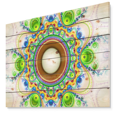 Green Fractal Circles and Waves - Abstract Print on Natural Pine Wood