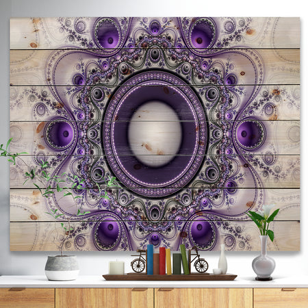 Purple Fractal Pattern with Circles - Abstract Print on Natural Pine Wood