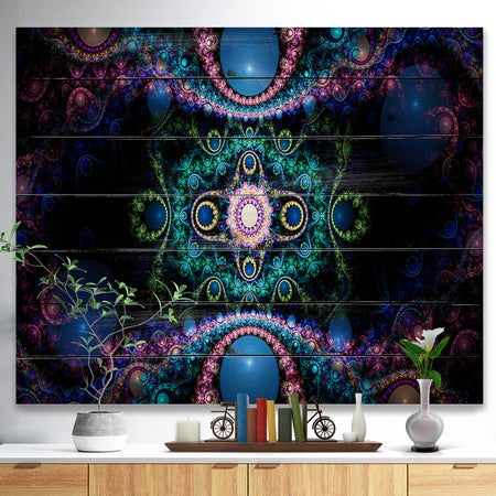 Cabalistic Blue Fractal Pattern - Abstract Print on Natural Pine Wood