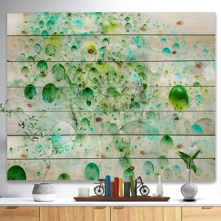 Green Blue Fractal Molecules - Abstract Print on Natural Pine Wood