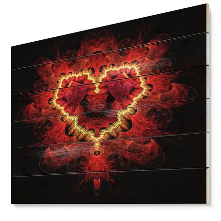 Fractal Red Heart Texture - Abstract Print on Natural Pine Wood
