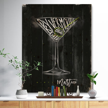 Dirty martini cocktail chalk color - Food Painting Print on Natural Pine Wood