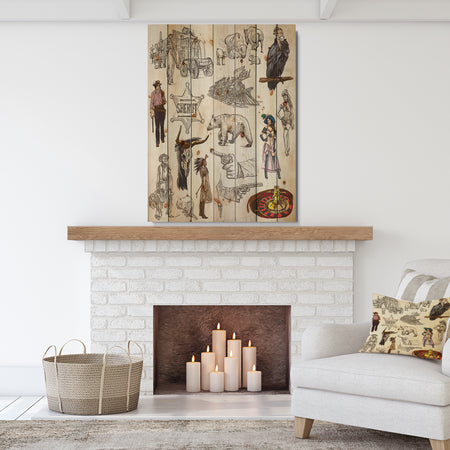 Indians and Wild West An hand drawn pack - Strech Sketch Print on Natural Pine Wood