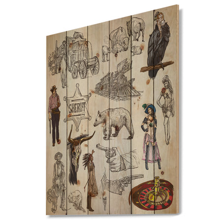 Indians and Wild West An hand drawn pack - Strech Sketch Print on Natural Pine Wood
