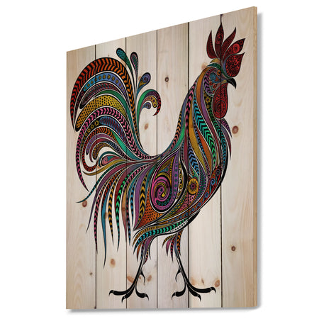 2017 Colored Patterns Rooster - Farmhouse Animal Painting Print on Natural Pine Wood