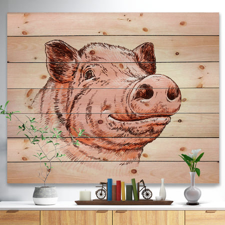 Pig Portrait in Brush Painting - Farmhouse Animal Painting Print on Natural Pine Wood