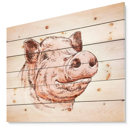 Pig Portrait in Brush Painting - Farmhouse Animal Painting Print on Natural Pine Wood