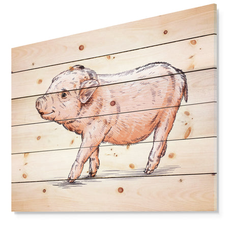 Happy Pig Portrait in Brush Painting - Farmhouse Animal Painting Print on Natural Pine Wood