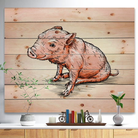 Smiling Pig in Brush Painting - Farmhouse Animal Painting Print on Natural Pine Wood