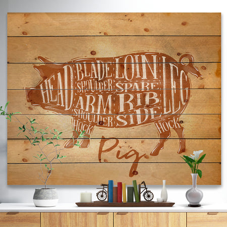 Pig pork cutting scheme craft - Farmhouse Animal Painting Print on Natural Pine Wood