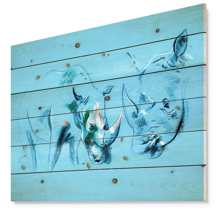 Rhinoceros painting in Blue Background - Animals Sketch Painting Print on Natural Pine Wood