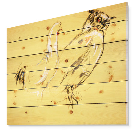 Owl and rooster painting - Animals Sketch Painting Print on Natural Pine Wood