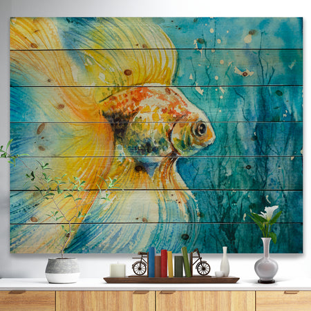 Goldfish in water - Animals Painting Print on Natural Pine Wood