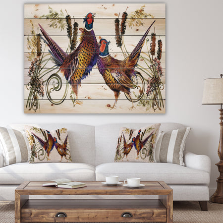 Group of Bird pheasant watercolor illustration - Farmhouse Animal Painting Print on Natural Pine Wood