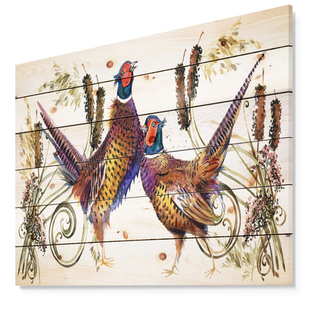 Group of Bird pheasant watercolor illustration - Farmhouse Animal Painting Print on Natural Pine Wood