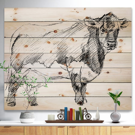 Handdrawn Dairy cow - Sketch of Farmhouse Animals of Painting Print on Natural Pine Wood