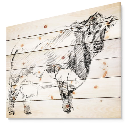 Handdrawn Dairy cow - Sketch of Farmhouse Animals of Painting Print on Natural Pine Wood
