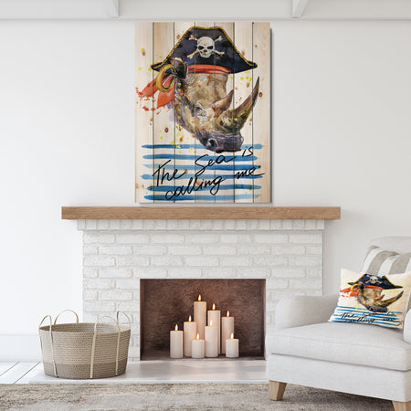 Pirate animal in hat The Sea is Calling Me - Animals Sea & Shore Print on Natural Pine Wood