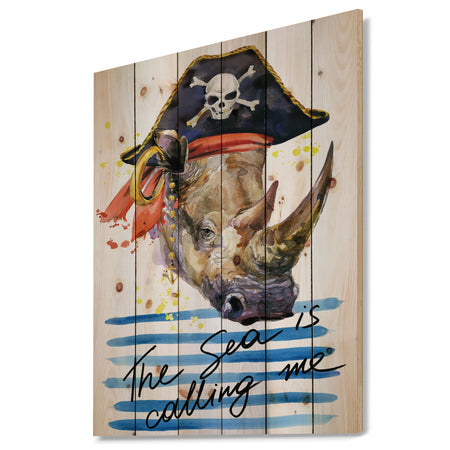 Pirate animal in hat The Sea is Calling Me - Animals Sea & Shore Print on Natural Pine Wood